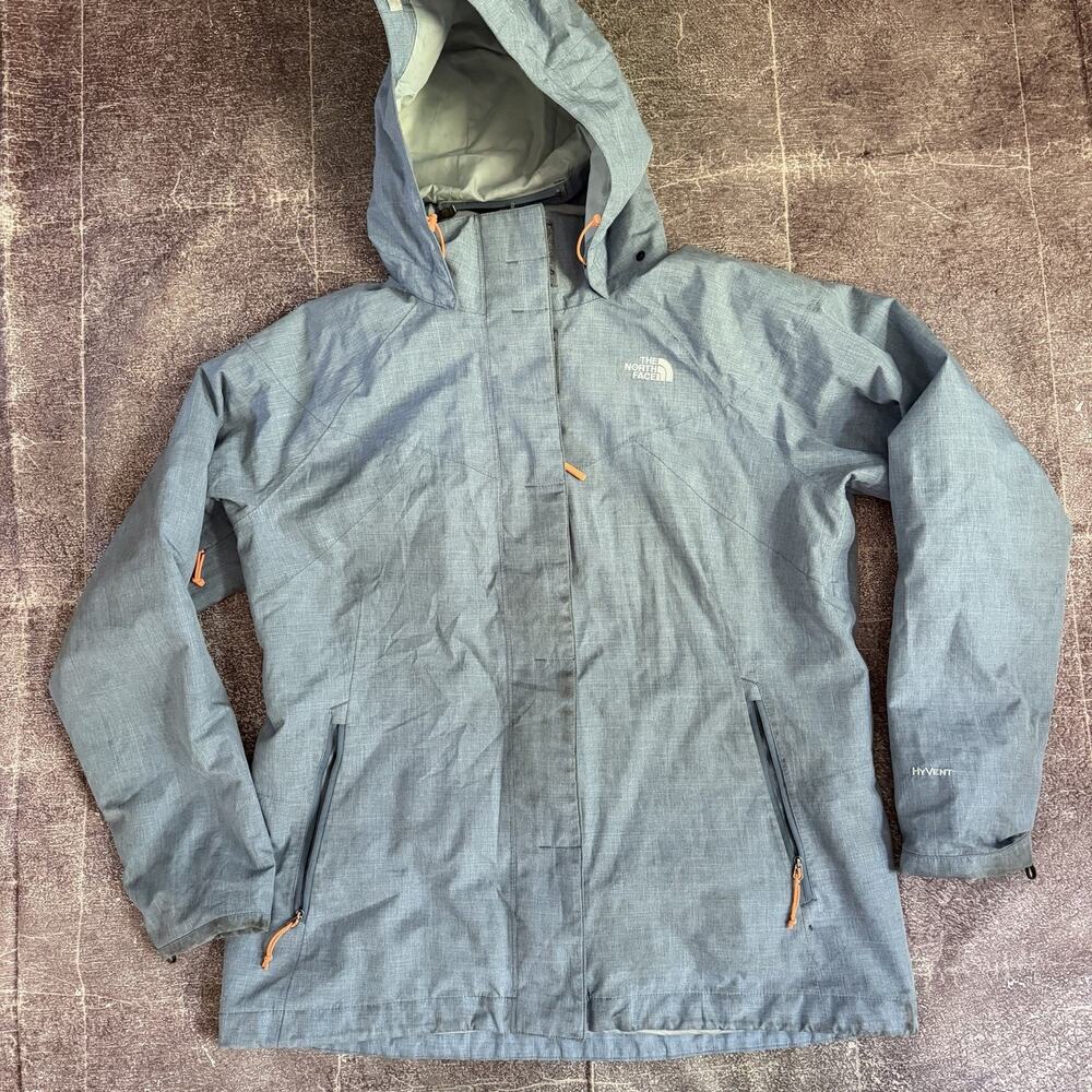 Women's The North Face Light Blue Hyvent Insulated Hooded Rain Coat Jacket Sz XL